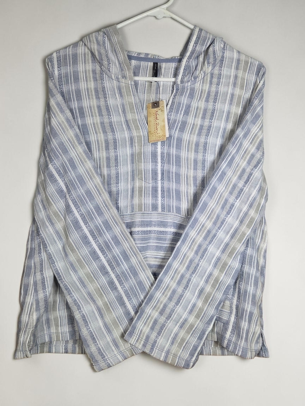 North River Striped Baja Hoodie Beach Poncho Pullover Blue Gray White Size Med. - Picture 3 of 10
